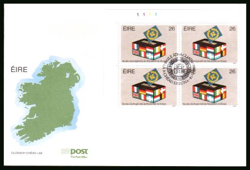Second Direct Elections to European Assembly as a corner block of four<br/>on an unaddressed official First Day Cover 

