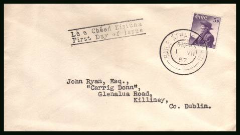 the 5d Violet value from Birth Centenary of Thomas O'Crohan set<br/>on a neatly typed addressed  First Day Cover<br/>clearly showing the date of issue.

