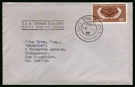 The 10d value from the I.C.Y. set
<br/>on a typed addressed  First Day Cover<br/>clearly showing the date of issue

