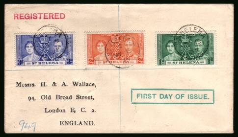 Coronation set of three<br/>on a plain printed addressed REGISTERED envelope with a  First Day Cover cachet