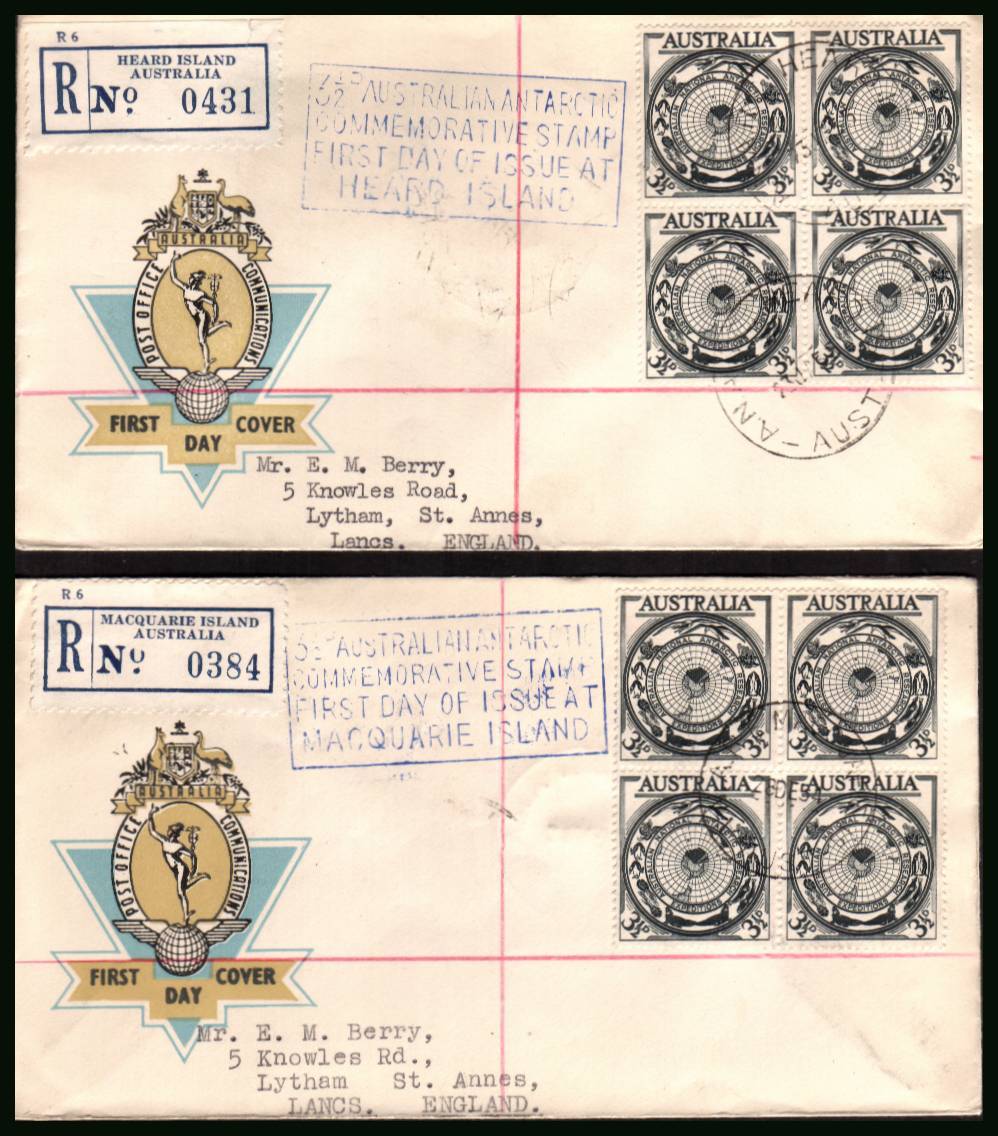 Australian Antarctic Territory single as a block of four on two ''matched'' OFFICIAL typed addressed First Day Covers. Each cover has the special handstamp for the first day at HEARD ISLAND & MACQUARIE ISLAND dated 28DEC54. Mainland FDI was 17NOV54.
