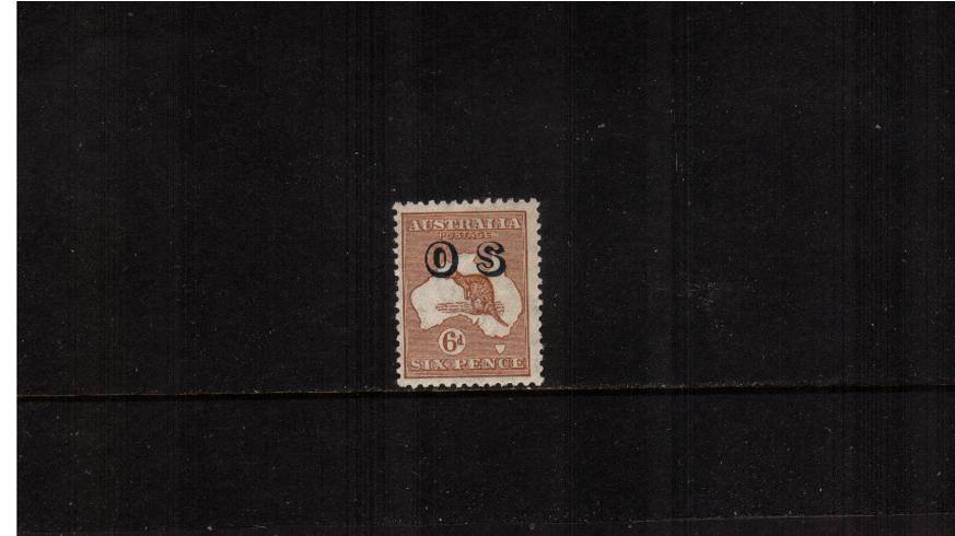 6d Chestnut Kangaroo
overprinted ''O S''<br/>A lighty mounted mint single.SG Cat 40 


<br><b>QAQ</b>