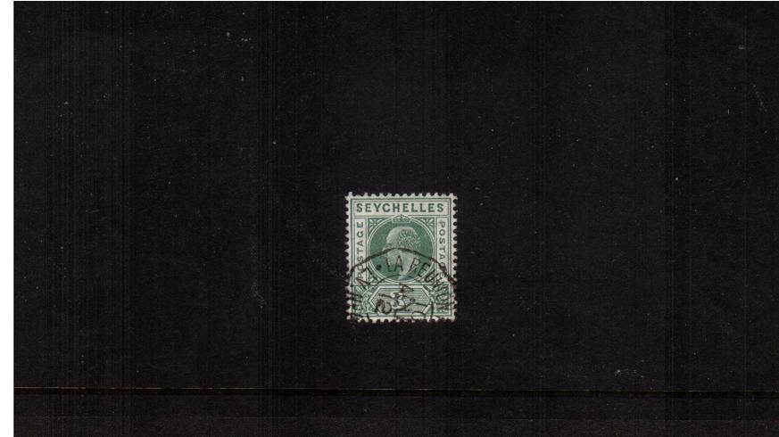 3c Dull Green - Watermark Multiple Crown CA<br/>
A superb fine used single cancelled with a 1912 double ring steel CDS for REUNION ISLAND. Probably removed from a PAQUEBOT cover. Near unique!