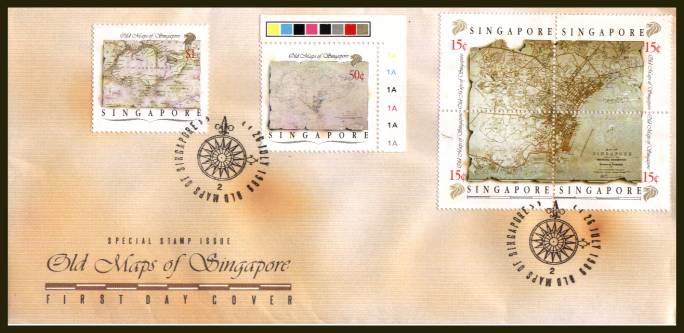 Maps of Singapore set of six<br/>
on an illustrated unaddressed colour First Day Cover<br/>
Please note envelope is designed to look old and rusty! 

