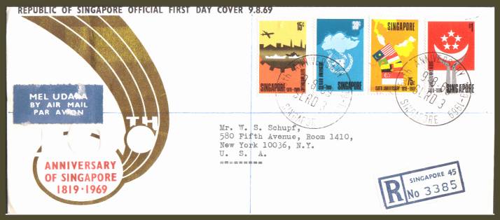 150th Anniversary of Founding of Singapore part set of four<br/>
on an illustrated typed addressed colour registered First Day Cover 

