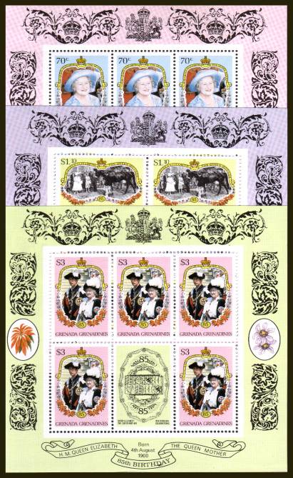 Life and Times of The Queen Mother<br/>
Set of three sheetlets with revised face values of 70c, $1.10 and $3.00 with different background colours all superb unmounted mint.