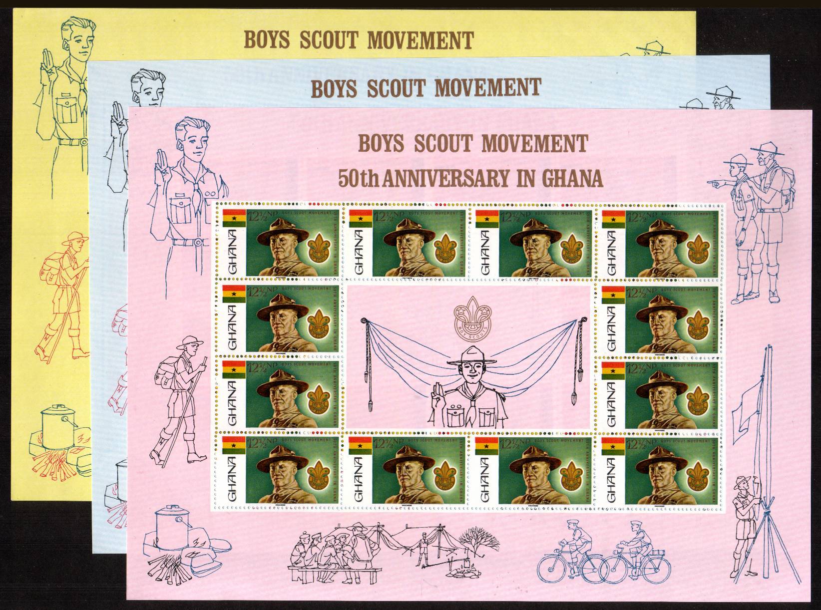 50th Anniversary of Ghanaian Scout Movement<br/>
Superb unmounted mint set of three special sheetlets of twelve. Rare!