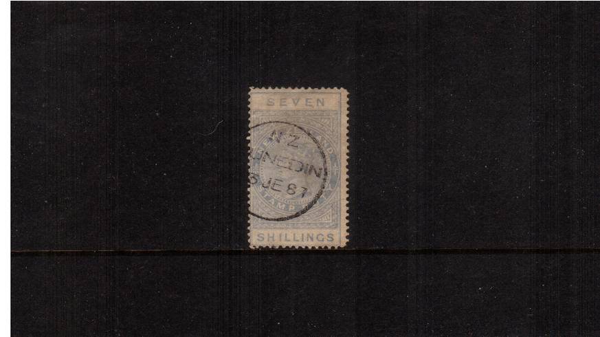7/- Ultramarine (Pale) - Perforation 12<br/>
A fine used single cancelled with a DUNEDIN circular date stamp dated 3 JE 87. Lovely!


<br/><b>QSQ</b>