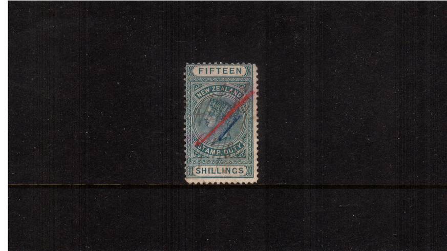 15/- Green - Perforation 11<br/>
A good fiscally used single. Bright and fresh with no faults.<br/>SG Cat 200 

<br/><b>QSQ</b>