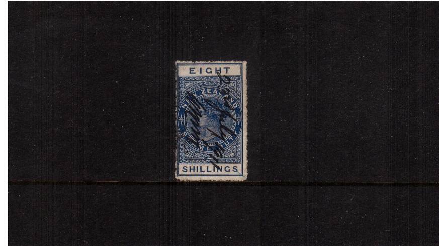 8/- Deep Blue - Perforation 14<br/>
A bright and fresh fiscally used stamp with no faults. SG Cat 100 
<br/><b>QSQ</b>