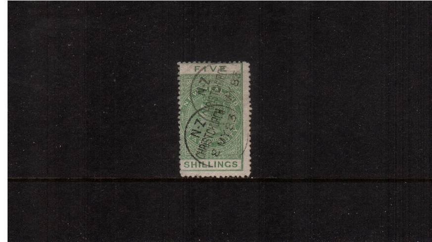 5/- Yellow-Green Postal Fiscal<br/>
A very fine used single with no faults cancelled with two strikes<br/>of the CHRISTCHURCH CDS clearly dated 8 MY 83. 

<br/><b>QSQ</b>
