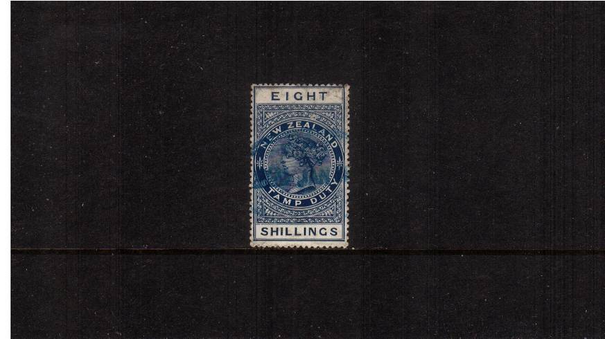 8/- Deep Blue Postal Fiscal<br/>
A bright and fresh well centered single with two pin holes and a fiscal cancel. SG Cat 65

<br/><b>QSQ</b>