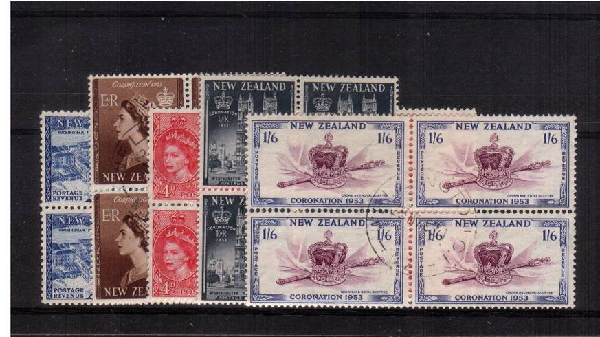 Coronation<br/>
Complete set of five in blocks of four each cancelled with a light, crisp central CDS. Superb!
<br/><b>QSQ</b>