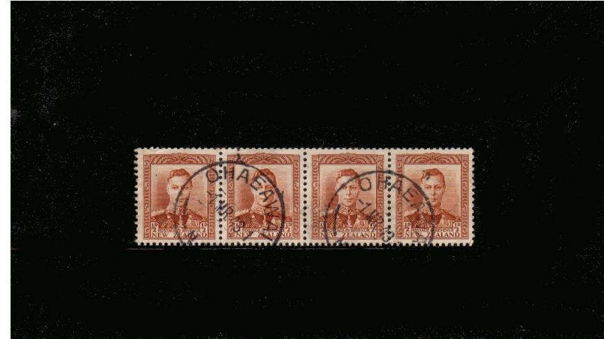 d Orange-Brown<br/>
A stunning fine used ex coils strip of four cancelled with two crisp strikes of a OHAEAWAI CDS<br/>dated 1 MR 43. Ohaeawai is a tiny village on the North Island with a current population of only 711<br/>So  pretty!!

<br/><b>QSQ</b