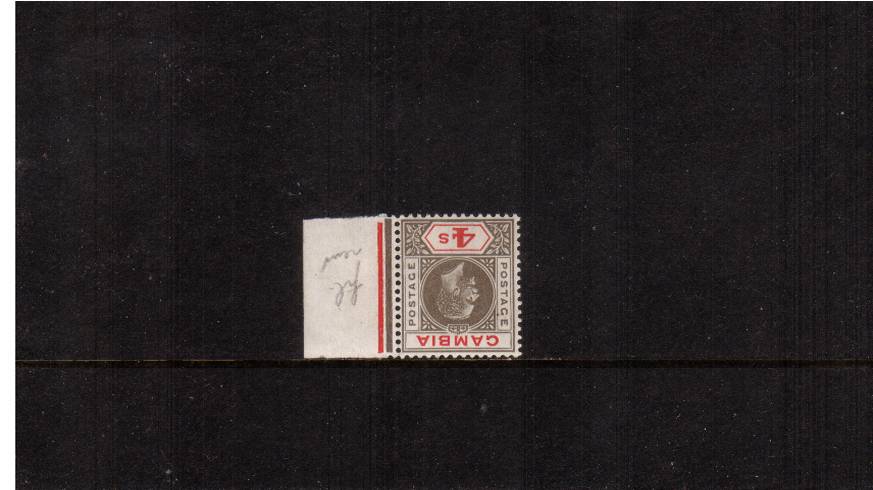 4/- Black and Red<br/>
A superb unmounted mint marginal stamp clearly showing WATERMARK INVERTED. A gem!
<br/><b>QTQ</b>