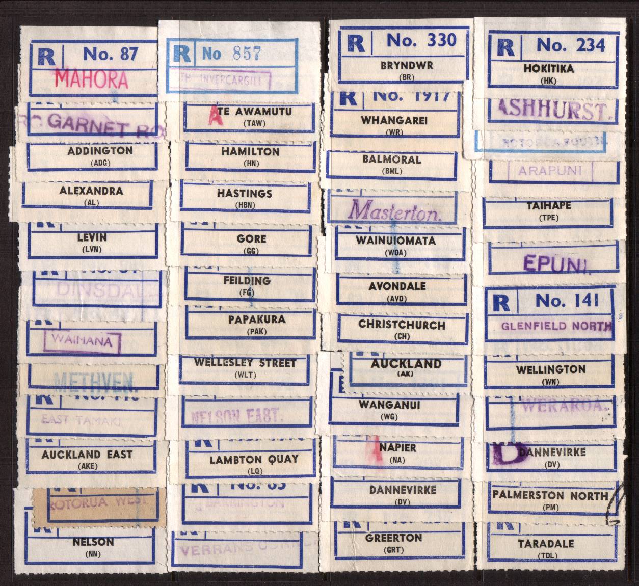 Collection of 48 REGISTERED MAIL labels all for different locations. A few unusual lot!