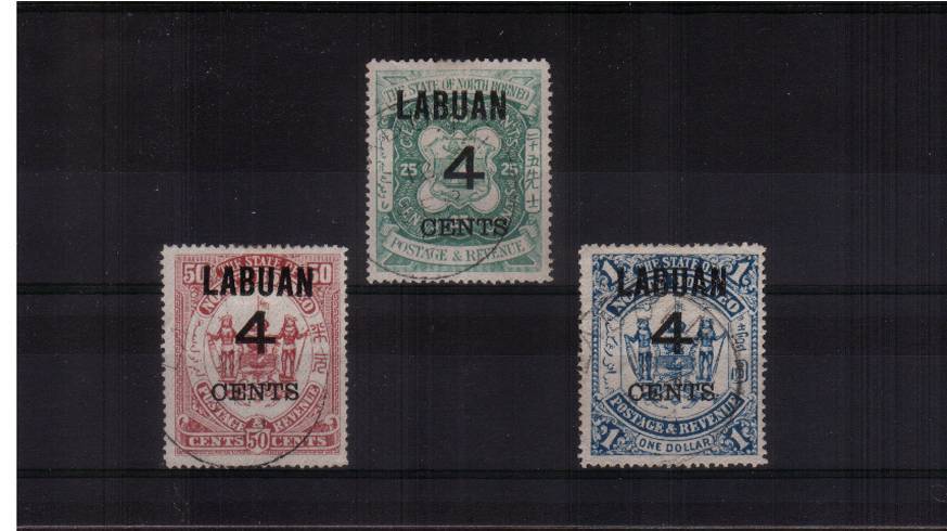 The ''Colours Changed'' and ''4 Cents'' surcharged set of three superb fine used. Pretty set with genuine cancels, not CTO! SG Cat 175 
<br/><b>QUQ</b>