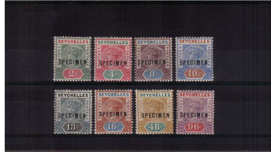 The first definitive set of eight overprinted ''SPECIMEN''<br/>A lovely bright and fresh very lightly mounted mint set. SG Cat 225
<br/><b>QUQ</b>