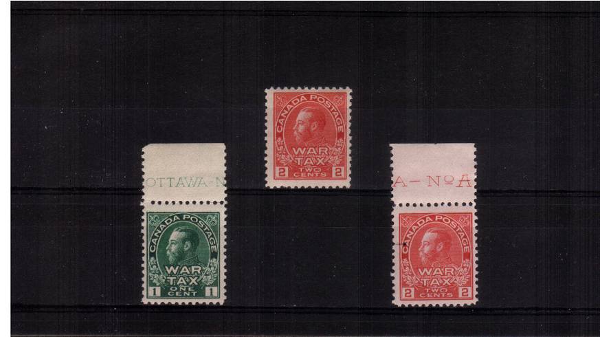 The ''WAR TAX''  set of three - with two being marginal - that includes both shades of the 2c values <br/>superb unmounted mint.<br/><b>QVQ</b>