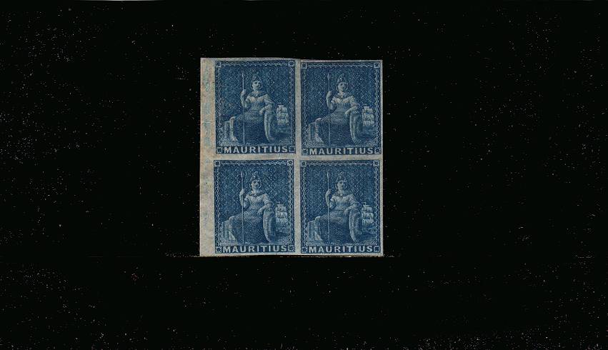 The ''No Value'' Blue - Prepared for use but not issued.<br/>
A fine four margined imperforate left side marginal block of four mounted on the top two stamps and unmounted on the lower pair
<br/><b>QVQ</b>