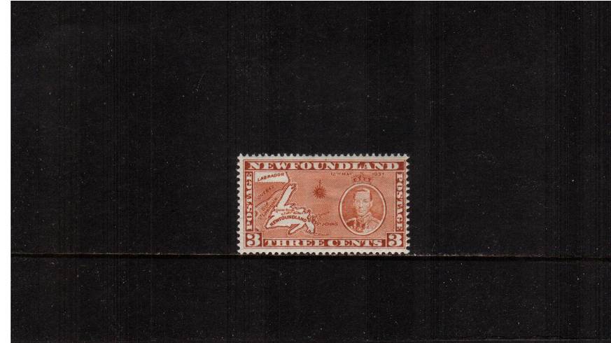 3c Orange-Brown Die I - from the additional Coronation issue<br/>A fine very lightly mounted mint single. SG Cat 38<br/><b>QYQ</b>