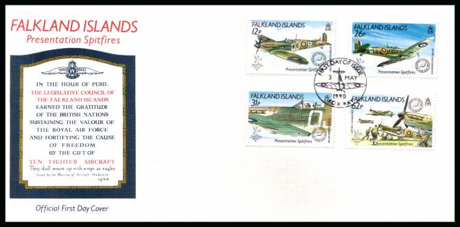 ''Stamp World London 90'' Stamp Exhibition - Spitfire Aircraft<br/>
on a FOX BAY  cancelled unaddressed official full colour First Day Cover
