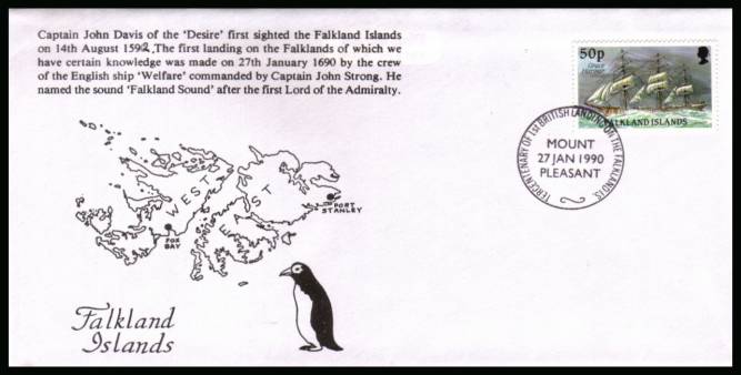 Tercentenary of 1st British Landing of Falklands>br/>
commemorative cover for MOUNT PLEASANT dated 27 JAN 1990 bearing 50p definitive single.