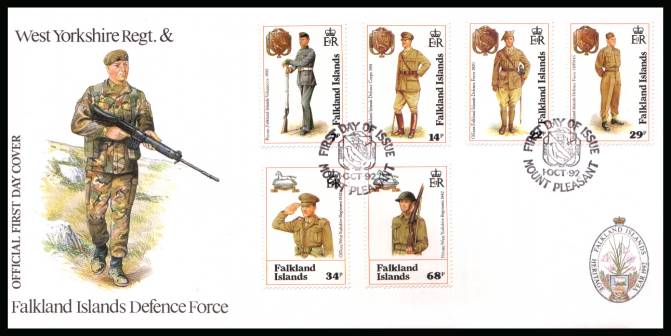 Centenary of Falkland Islands Defence Force<br/>
on a MOUNT PLEASANT cancelled unaddressed official full colour First Day Cover