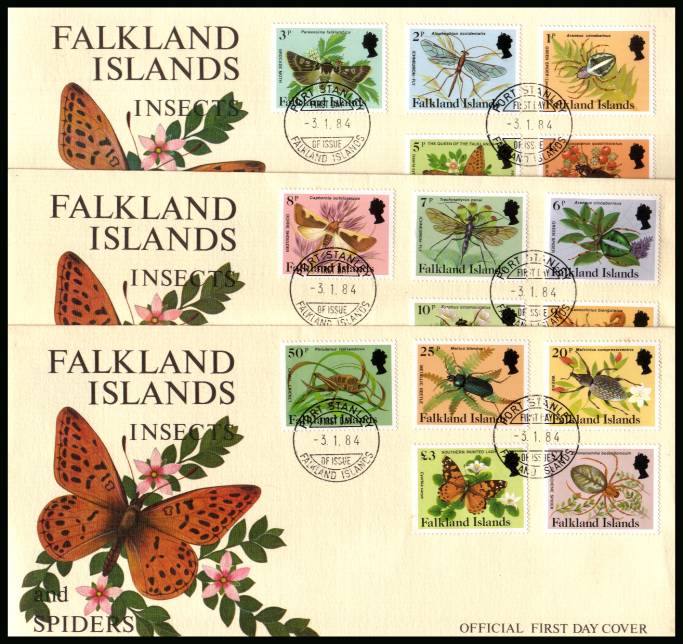 Insects and Spiders definitive set of fifteen on three First Day Covers<br/>cancelled PORT STANLEY 3-1-84 on official colour covers.