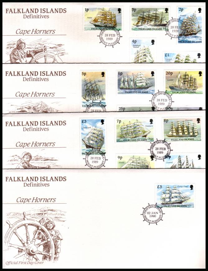 Cape Horn Sailing Ships definitive set of sixteen<br/>on four First Day Covers
cancelled MOUNT PLEASANT on official colour covers.