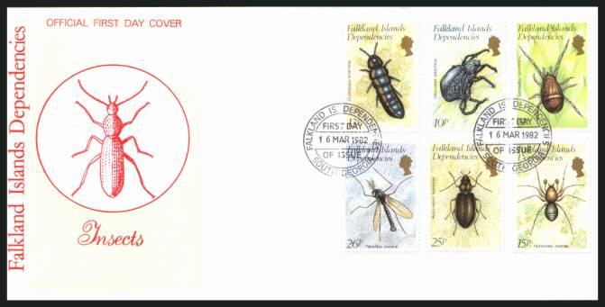 Insects
set of six<br/>on a SOUTH GEORGIA  cancelled unaddressed official full colour First Day Cover
