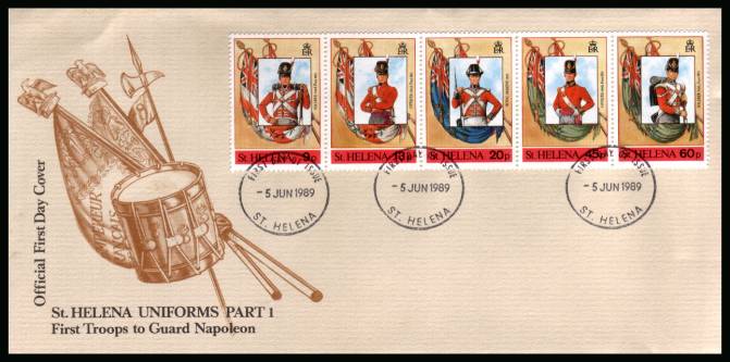 Military Uniforms of 1815 strip of five  on an unaddressed Official First Day Cover