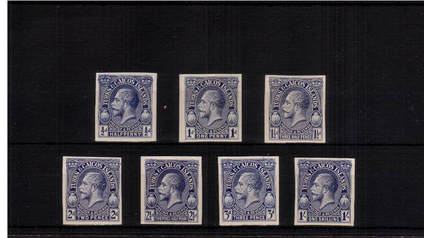 Selection of seven PLATE PROOFS on thick card in BLUE<br/>from the ''POSTAGE and REVENUE'' set. Pretty! 
<br/><b>UEUa</b>