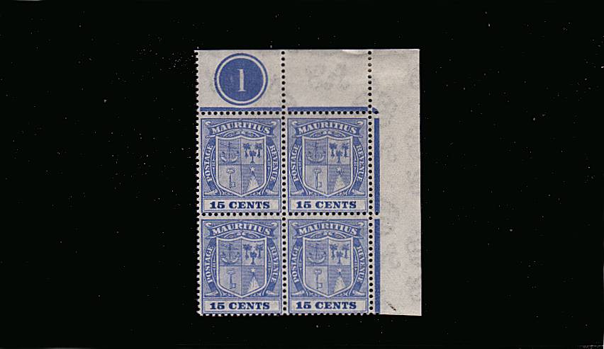 15c Blue in a superb unmounted mint (mounted on margin) NE corner block of four showing Plate number ''1''.  
<br/><b>UFU</b>
