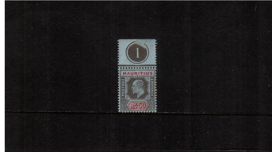 2r50 Black and Red on Blue - Watermark Multiple Crown CA<br/>
A stunning bright and fresh top marginal plate number single superb unmounted mint.
<br/><b>UFU</b>