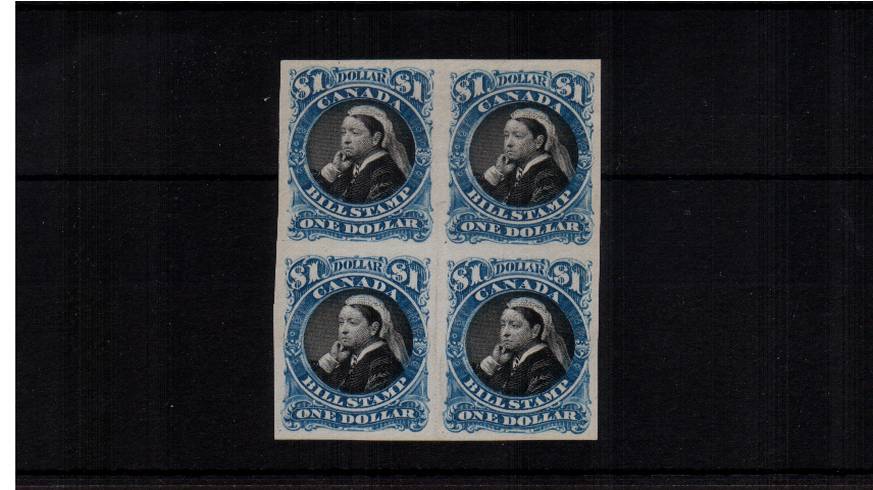$1 Blue and Black IMPERFORATE block of four with no gum as issued. A choice and very fresh block.
<br/><b>UFU</b>
