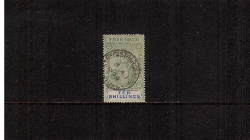 10/- ''Britannia'' Green and Ultramarine<br/>
A sup[erb fine used single cancelled ''REGISTRAR GENERAL'' dated 3 AU 1899.<br/>SG Cat 475