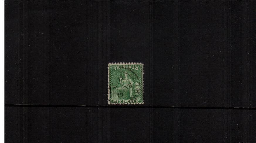 6d Yellow-Green - Watermark CC<br/>
A superb fine used stamp cancelled with the TRINIDAD double ring CDS dated AU 9 187?