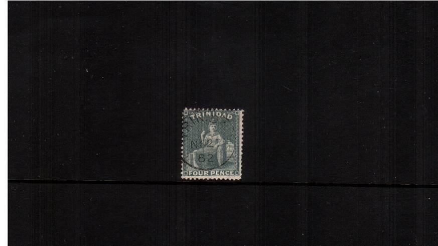 4d Bluish Grey - Watermark Crown CA<br/>
A stunning superb fine used stamp cancelled<br/>with an upright  crisp TRINIDAD CDS dated NO 27 82. A gem!