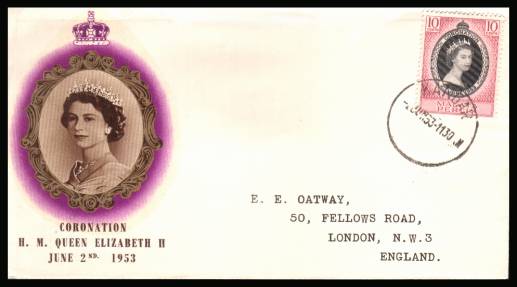 The 1953 Coronation single<br/>on colour illustrated First Day Cover.<br/>Note cover is printed on cream paper which due<br/>to scanning limitations can appear to be toned!
