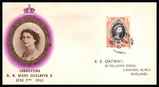 The 1953 Coronation single<br/>on colour illustrated First Day Cover.<br/>Note cover is printed on cream paper which due<br/>to scanning limitations can appear to be  toned!