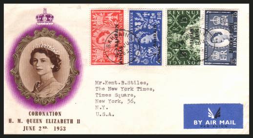 The 1953 Coronation set of four<br/>on colour illustrated First Day Cover.<br/>Note cover is printed on cream paper which due<br/>to scanning limitations can appear to be  toned!