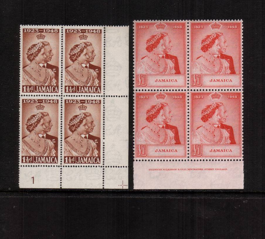 the 1948 Royal Silver Wedding set of two in superb unmounted mint blocks of four. The low value being a SE corner cylinder block and the �value showing a full BRADBURY imprint on the margin.
<br/><b>SEARCH CODE: 1948RSW</b><br/><b>QBX</b>