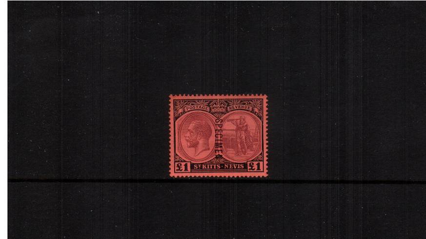 1 Purple and Black on Red<br/>
A stunning bright and fresh stamp lightly mounted mint with a mere trace of a hinge overprinted vertically ''SPECIMEN''. 
<br/>A mint single without ''SPECIMEN'' SG Cat 300<br/><b>QBX</b>