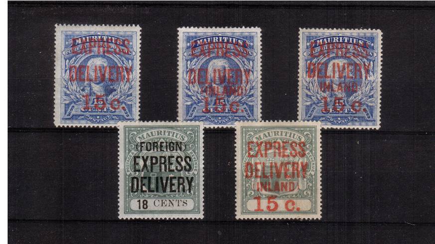 The EXPRESS DELIVERY stamps complete set of five.<br/>Note: .... without SG E4 ....Cat 850.<br/>A fresh and bright set.
<br/><b>QCX</b>