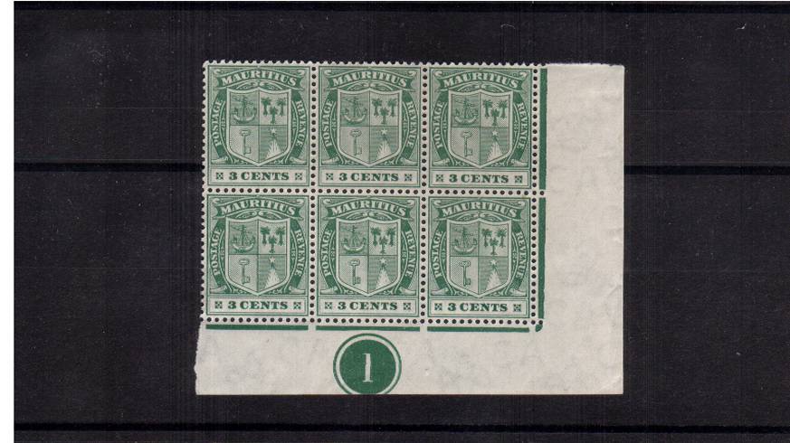 3c Green - Watermark Multiple Crown CA<br/>
A superb unmounted mint Plate number block of six.
<br/><b>QDX</b>