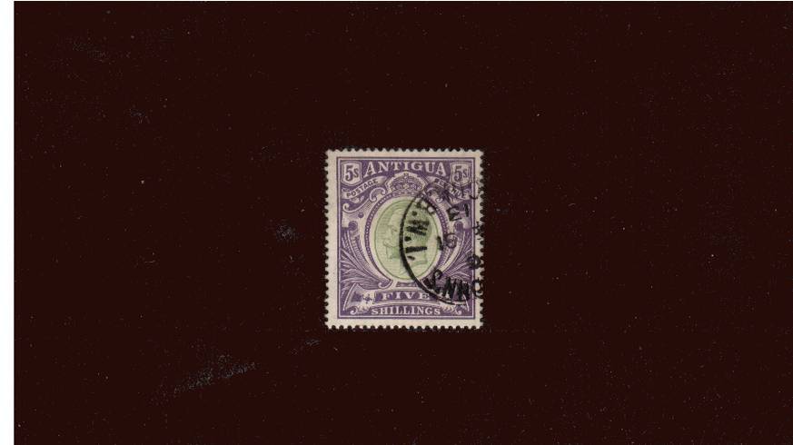 5/- Grey-Green and Violet<br/>
A superb fine used single cancelled with a genuine steel CDS cancel dated 1913. SG Cat £150
<br/><b>QDX</b>