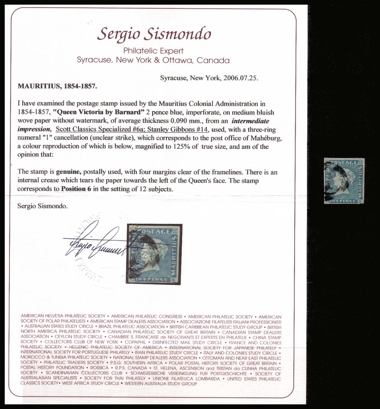 2d Blue, Imperforate on medium Bluish wove paper, intermediate impression<br/>
Cancelled with a three ring cancel with the bouus of a SISMONDO certificare stating GENUINE.<br/>A very rare ''classic' stamp. SG Cat 3500.00


<br/><b>QHX</b>