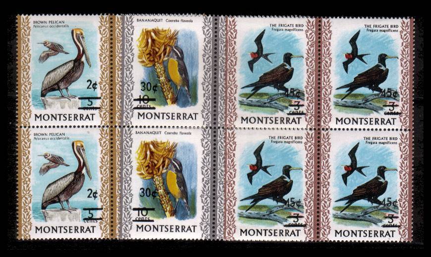 The Birds surcharged set of three in superb unmounted mint blocks of four.
