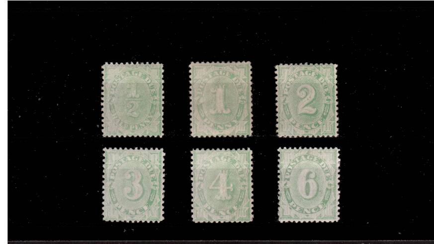 THe POSTAGE DUE set of six in truly exceptional condition lightly mounted mint with full undamaged perforations. Because of the large perforation gauge the perforations are usually damaged. A rare set so fine! SG Cat �00
<br/><b>QLX</b>